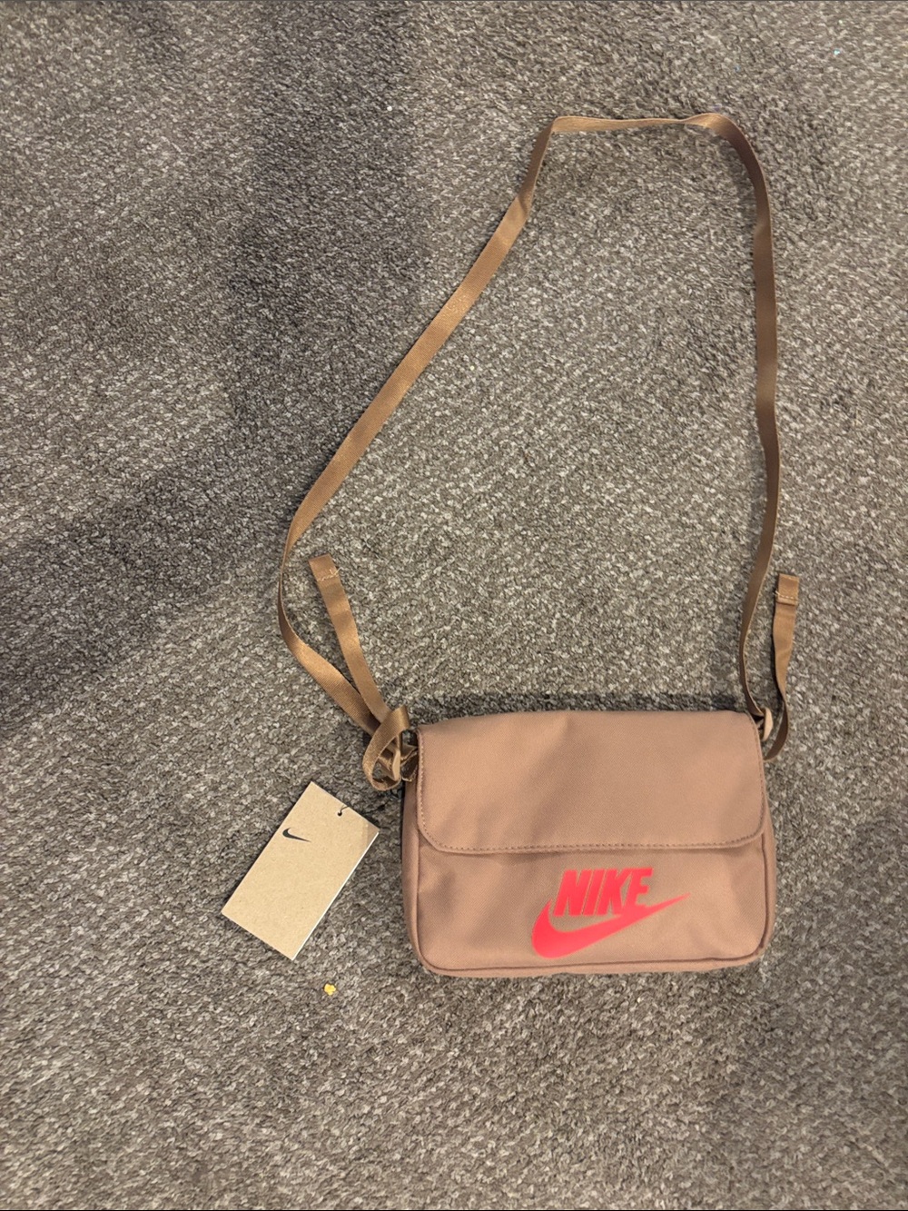 Nike Women’s Tan Crossbody Bag with Pink Logo Accent